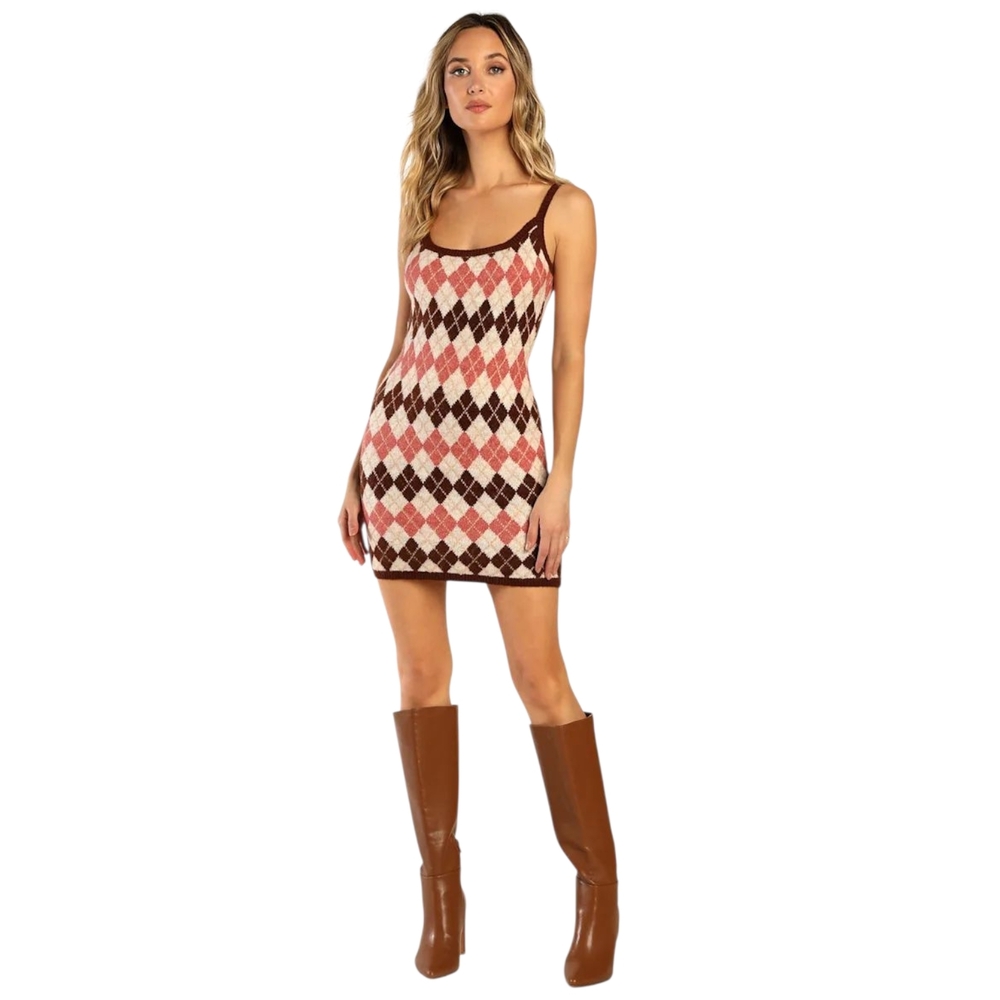 Lulu's Pink and Brown Argyle Mini Dress